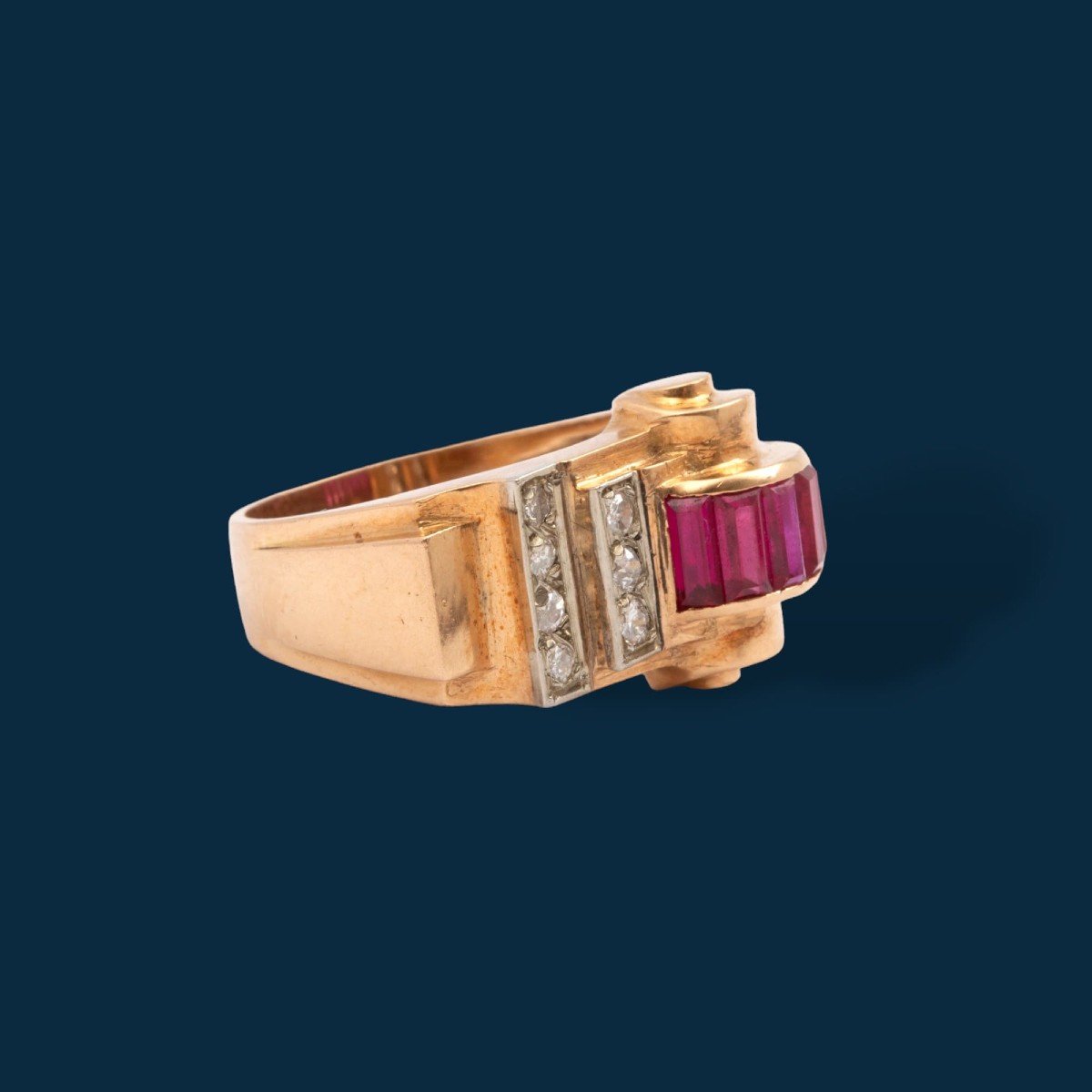 Famous Yellow Gold, Ruby And Diamond Tank Ring