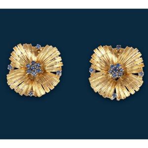 Vintage Yellow Gold Blue Pansies Ear Clips