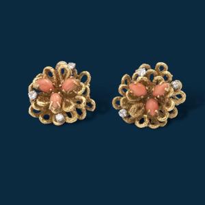 Boucles d'oreilles vintage or jaune et corail fleurs d'oranger