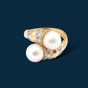 Vintage Yellow Gold, Pearl And Diamond Ring You And Me
