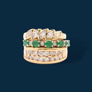 Vintage Ring In Yellow Gold, Diamonds And Emeralds Sirène Sauvage