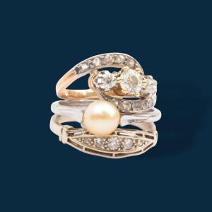 Vintage Ring In Yellow Gold, Gray, Pearl And Diamonds Muse Insoumise
