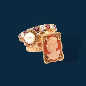 Vintage Yellow Gold, Pearl, Cameo And Ruby Indomitable Icon Ring