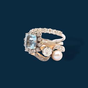 Vintage Ring In White Gold, Yellow Gold, Pearl, Aquamarine And Diamonds Rêveuse Elsaissable
