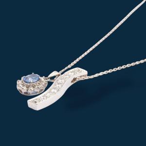 Vintage Necklace In White Gold, Platinum, Sapphire And Diamonds Pionnière Mystérieuse