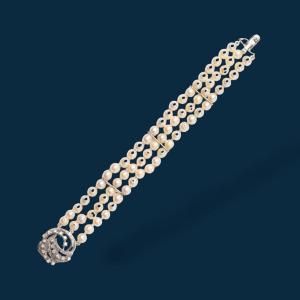 Bracelet De Perles, Fermoir Or Gris Et Diamants Révolution