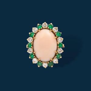 Yellow Gold, Coral, Emeralds And Peachy Diamond Ring