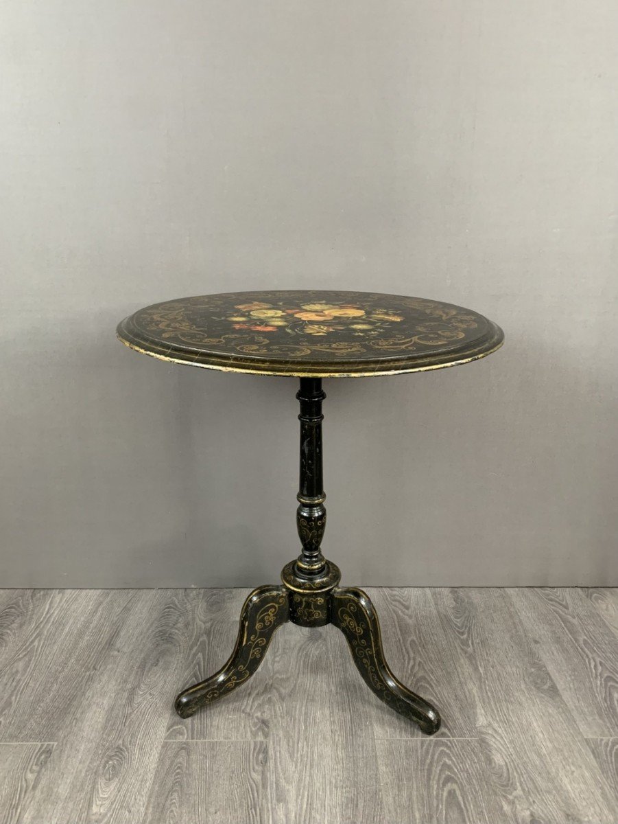 Black Lacquered Wood Tilting Pedestal Table With Floral Pattern 19th Century-photo-2