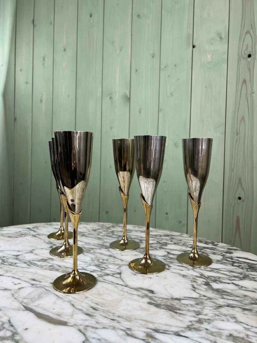 Vintage Art Deco Metal And Brass Champagne Flutes 1960s-1970s-photo-2