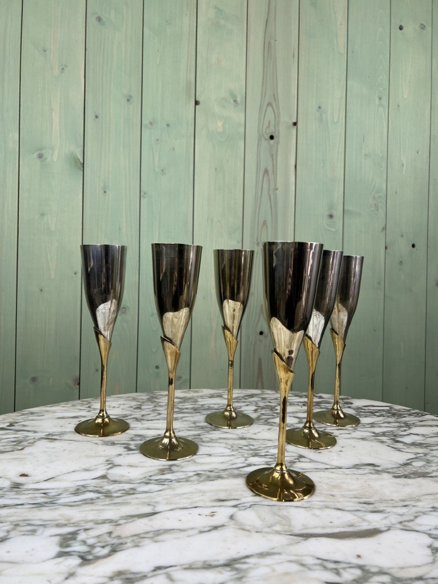 Vintage Art Deco Metal And Brass Champagne Flutes 1960s-1970s-photo-3