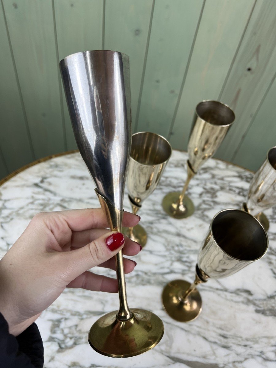 Vintage Art Deco Metal And Brass Champagne Flutes 1960s-1970s-photo-2