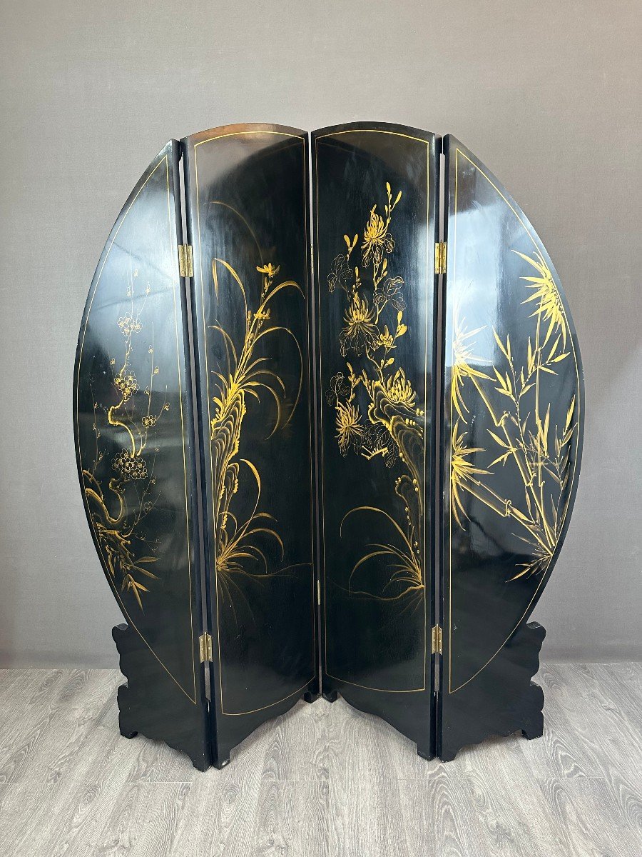 Chinese Screen In Black Lacquer And Mother-of-pearl Inlays 20th Century -photo-4