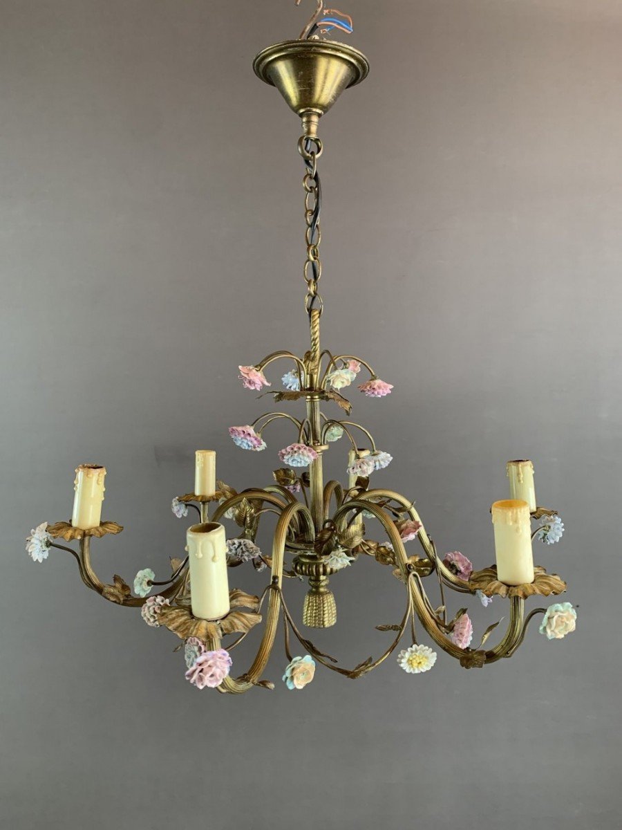Floral Chandelier In Porcelain And Brass 20th Century -photo-3