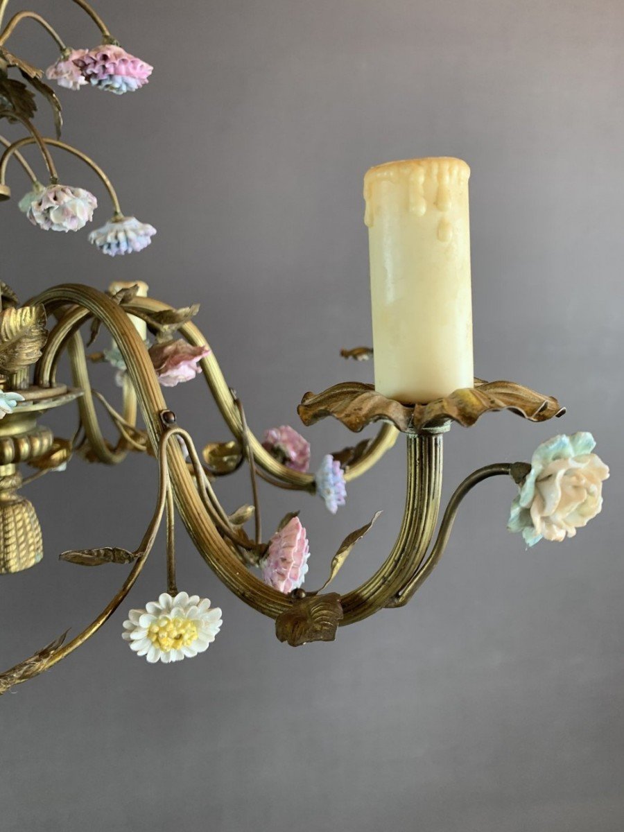 Floral Chandelier In Porcelain And Brass 20th Century -photo-2