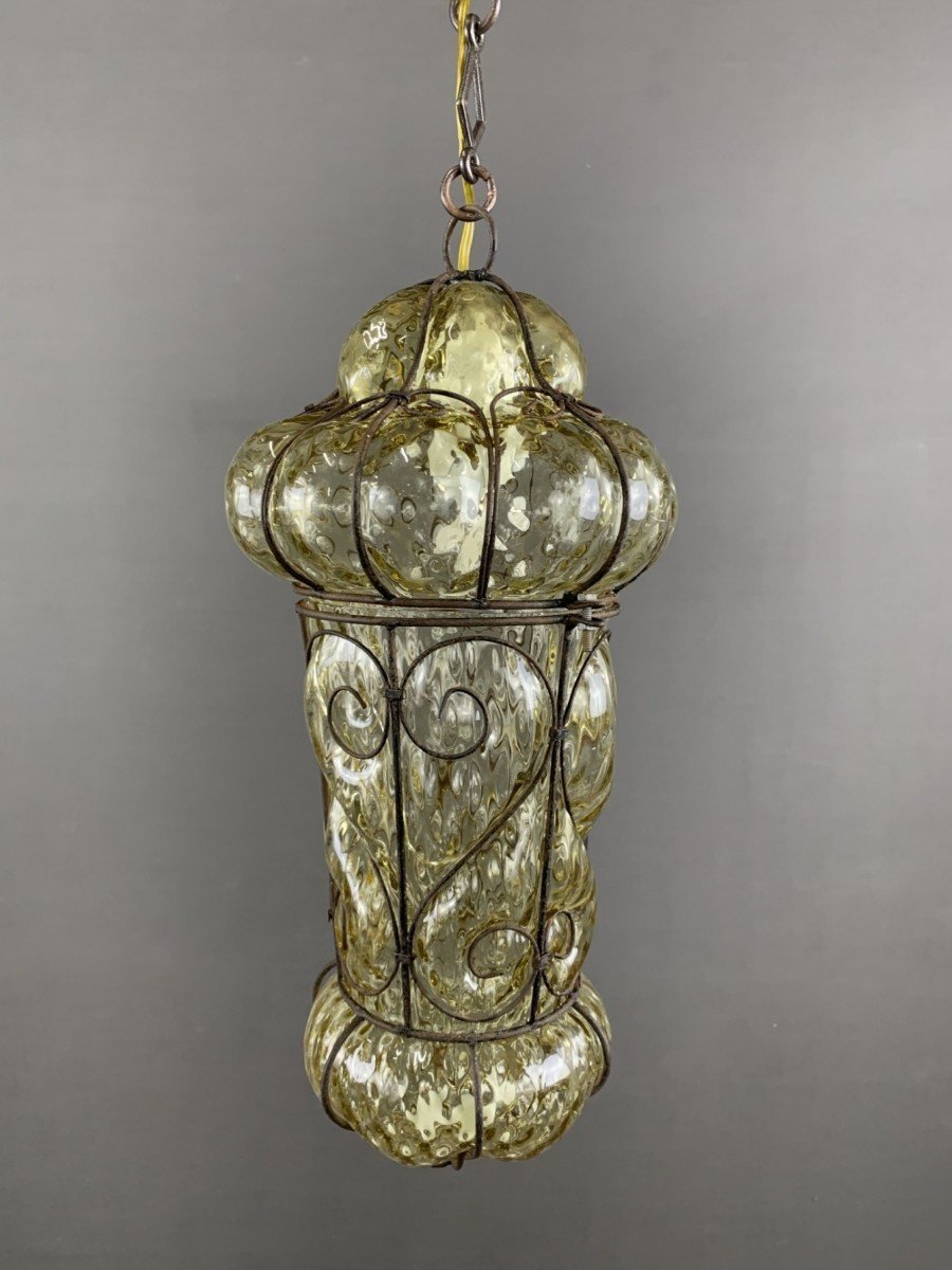 19th Century Metal And Murano Glass Lantern Pendant-photo-2