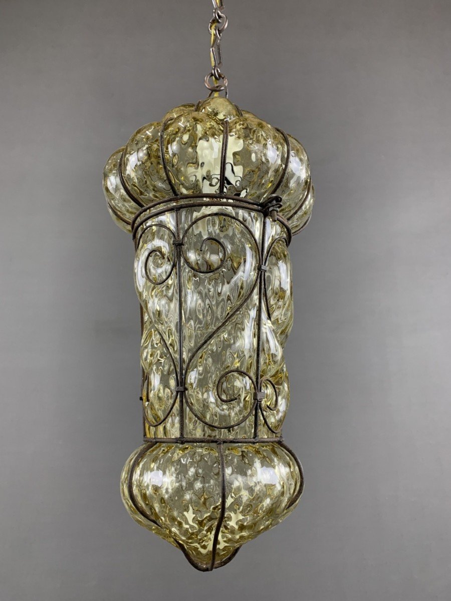 19th Century Metal And Murano Glass Lantern Pendant-photo-3