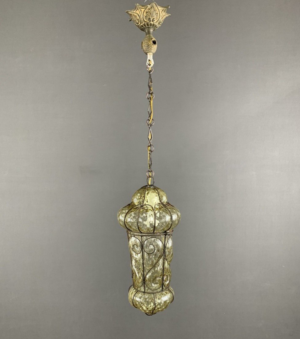 19th Century Metal And Murano Glass Lantern Pendant