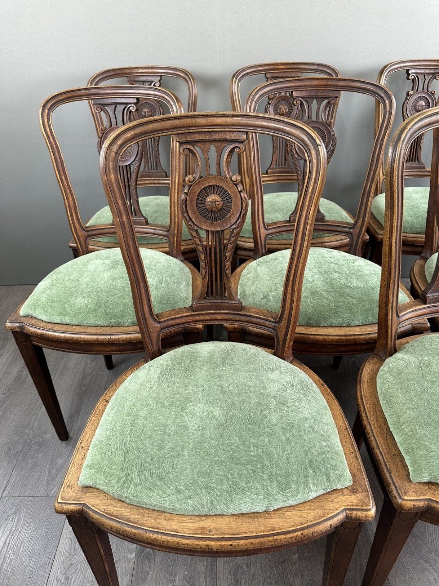 8 Vintage Wooden Chairs With Green Velvet Seats 20th Century -photo-2