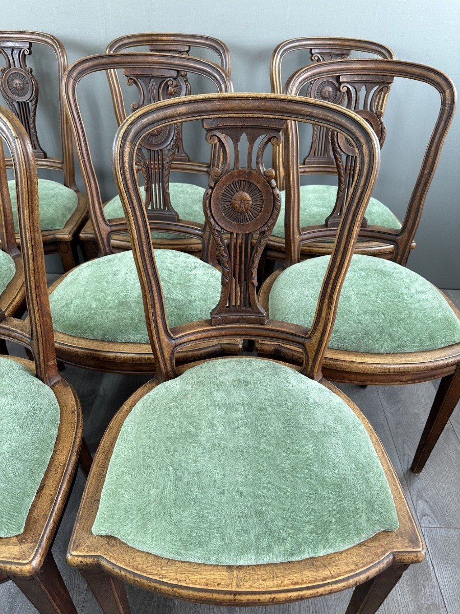 8 Vintage Wooden Chairs With Green Velvet Seats 20th Century -photo-3