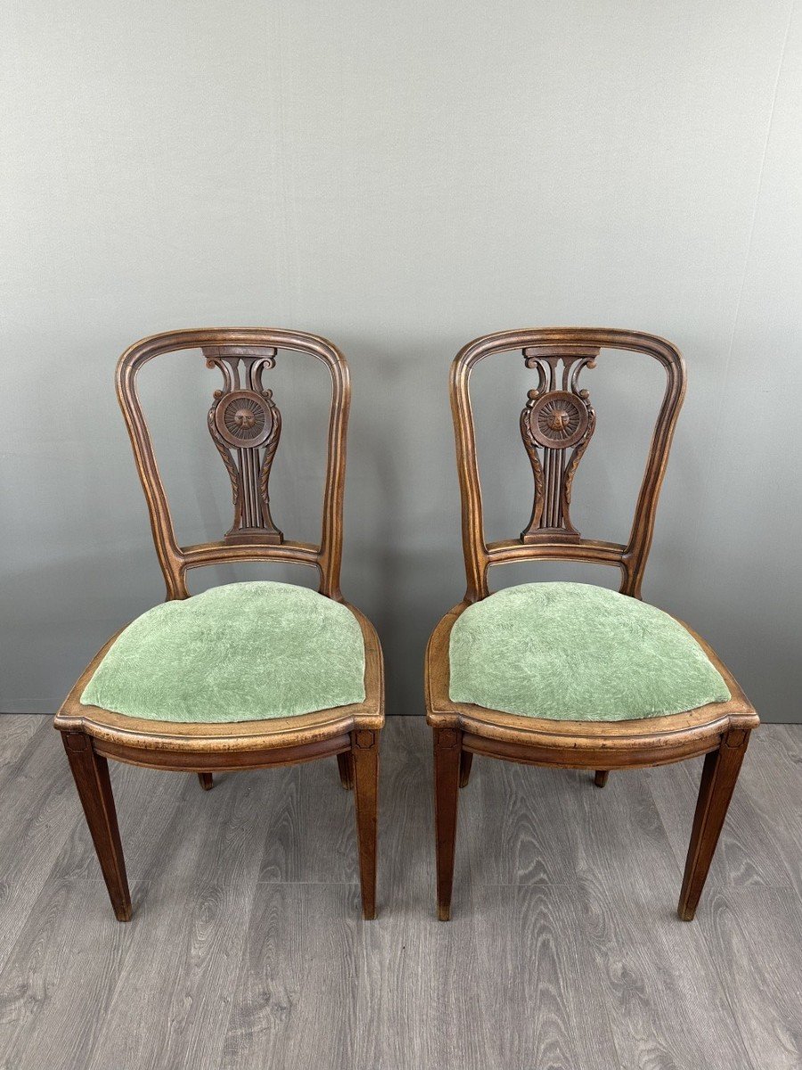 8 Vintage Wooden Chairs With Green Velvet Seats 20th Century -photo-4