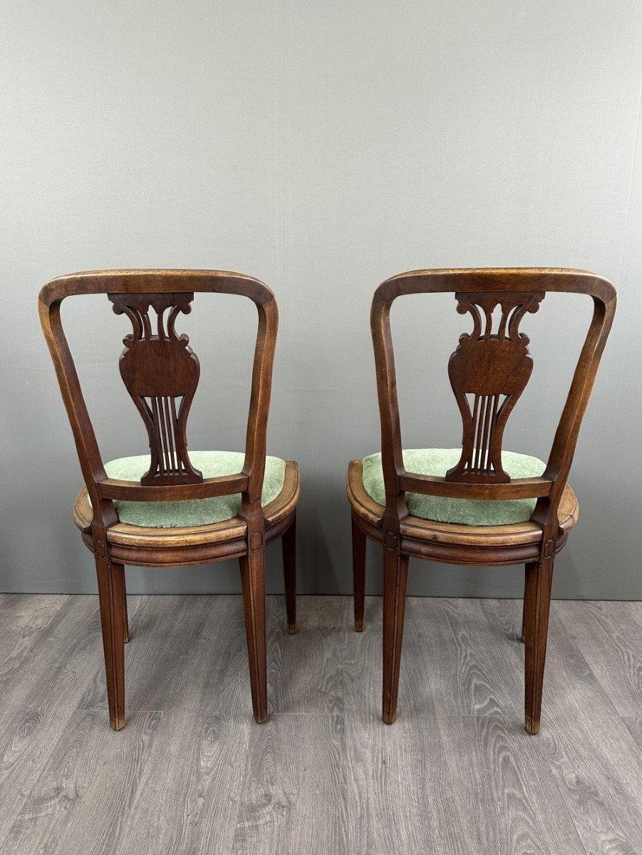 8 Vintage Wooden Chairs With Green Velvet Seats 20th Century -photo-4