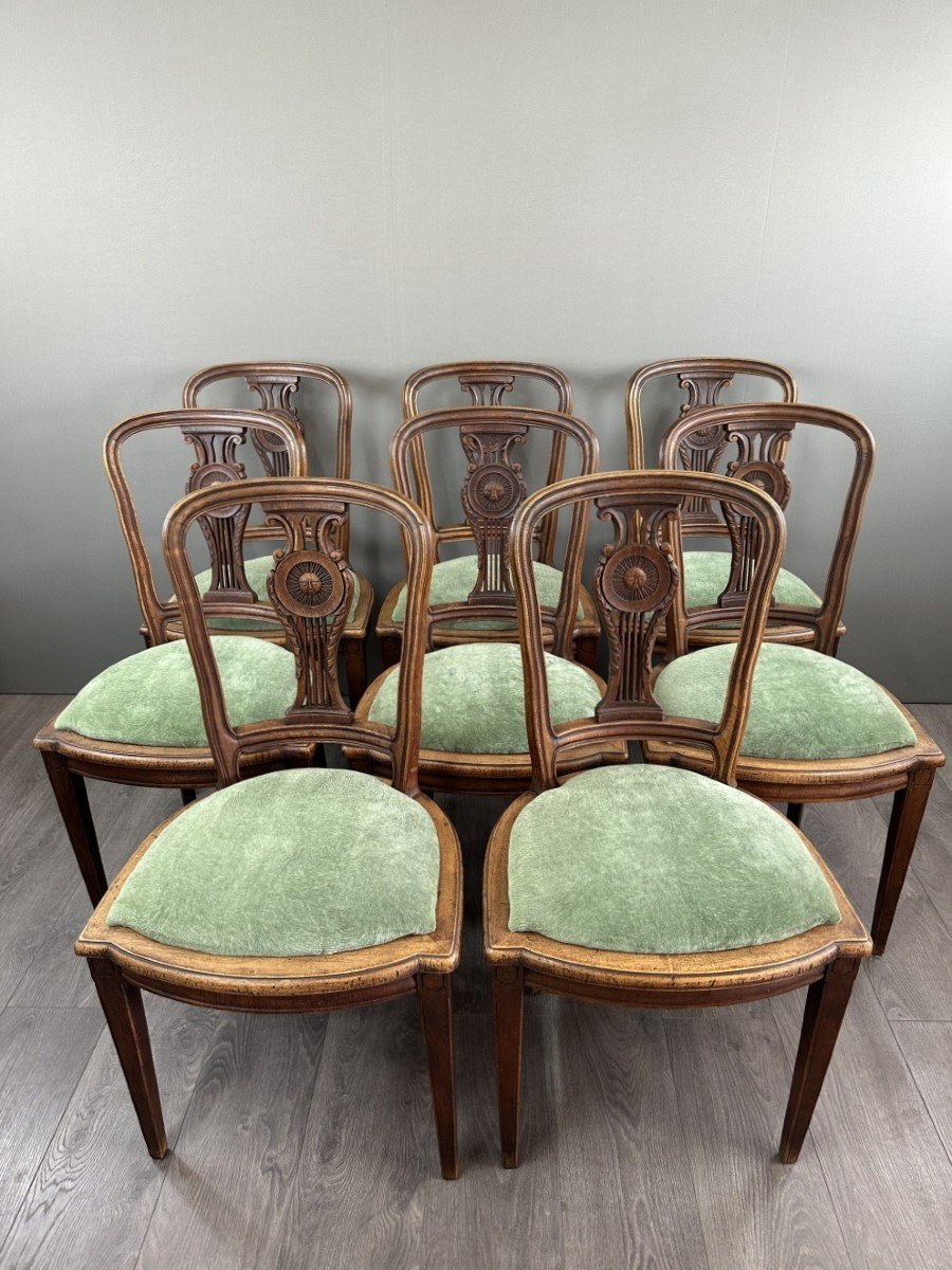 8 Vintage Wooden Chairs With Green Velvet Seats 20th Century 