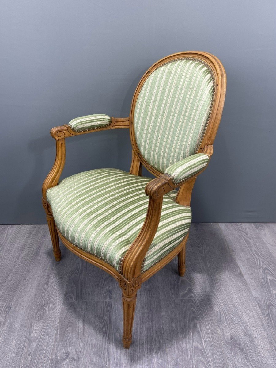 Pair Of Louis XVI Style Armchairs With Green Striped Fabric 20th Century-photo-1