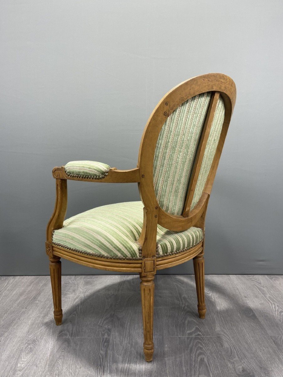 Pair Of Louis XVI Style Armchairs With Green Striped Fabric 20th Century-photo-2