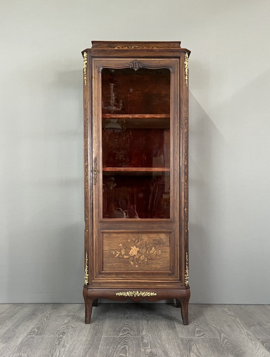 Antique Showcase In Marquetry And Bronze, 19th Century
