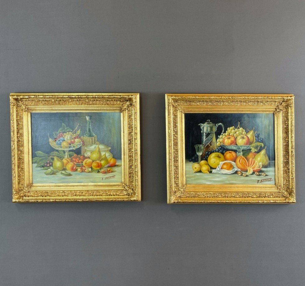 Pair Of Still Lifes In Golden Frames Oil On Canvas Late 19th Century