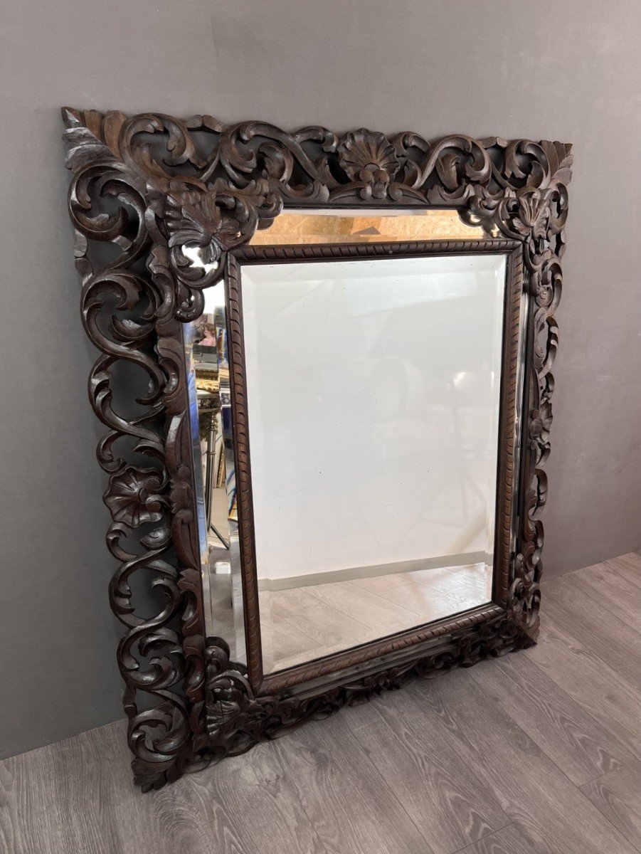Large Carved Wooden Mirror, Baroque Style, 19th Century 