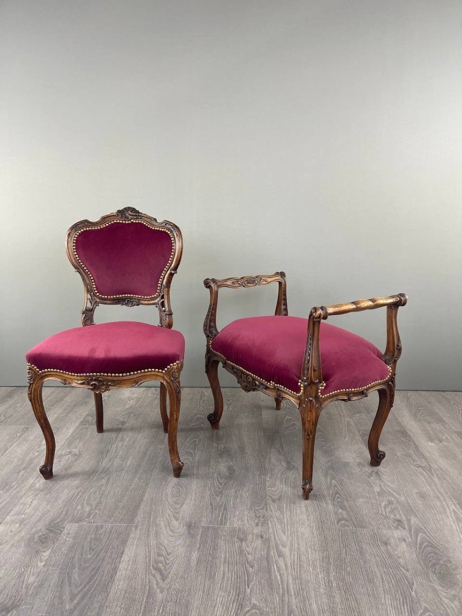 Louis XV Style Chair And Footstool Set, 19th Century -photo-4