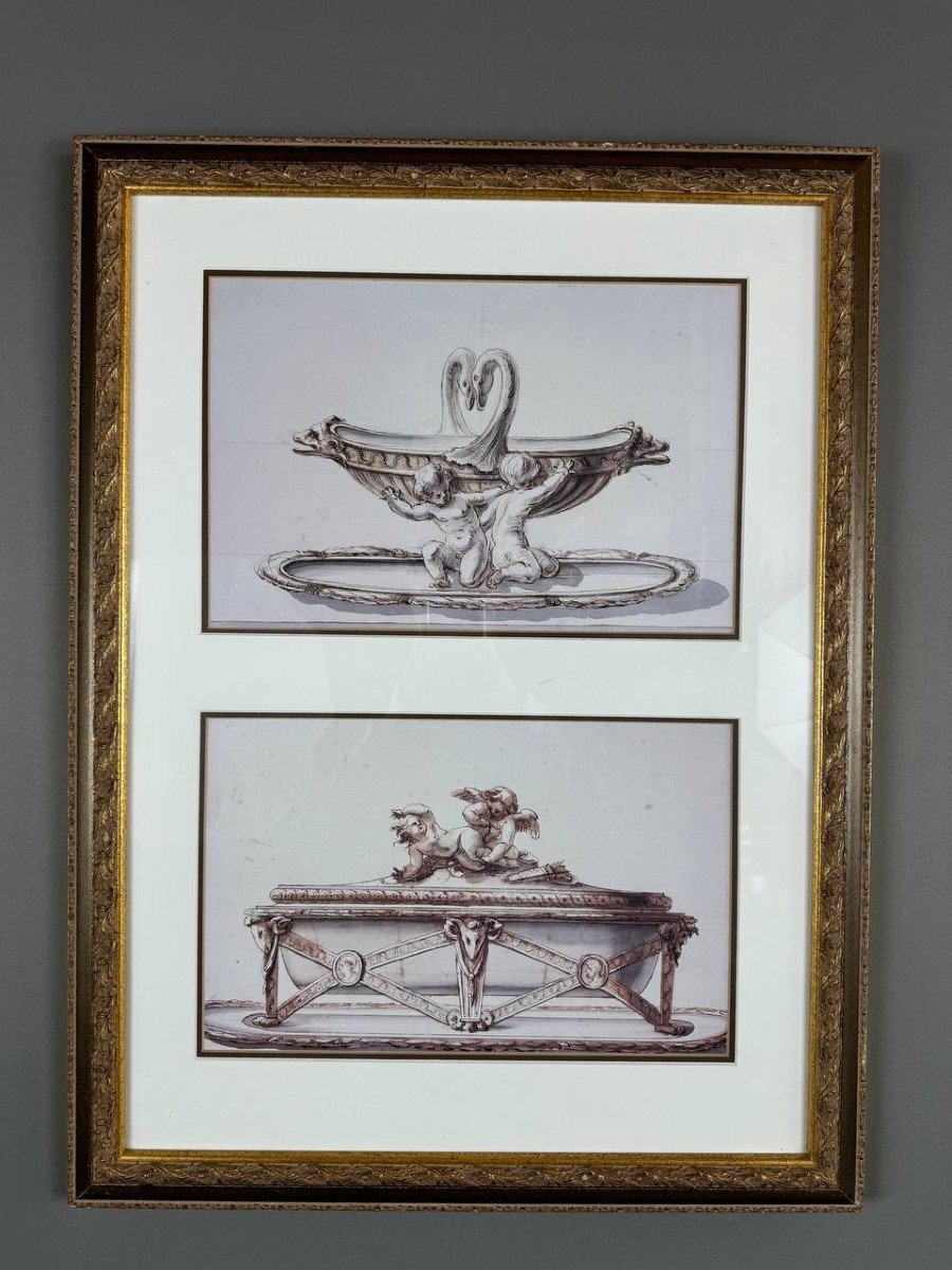 Framed Pencil And Watercolor Drawings, Decorative Art Inspiration, 19th Century -photo-2