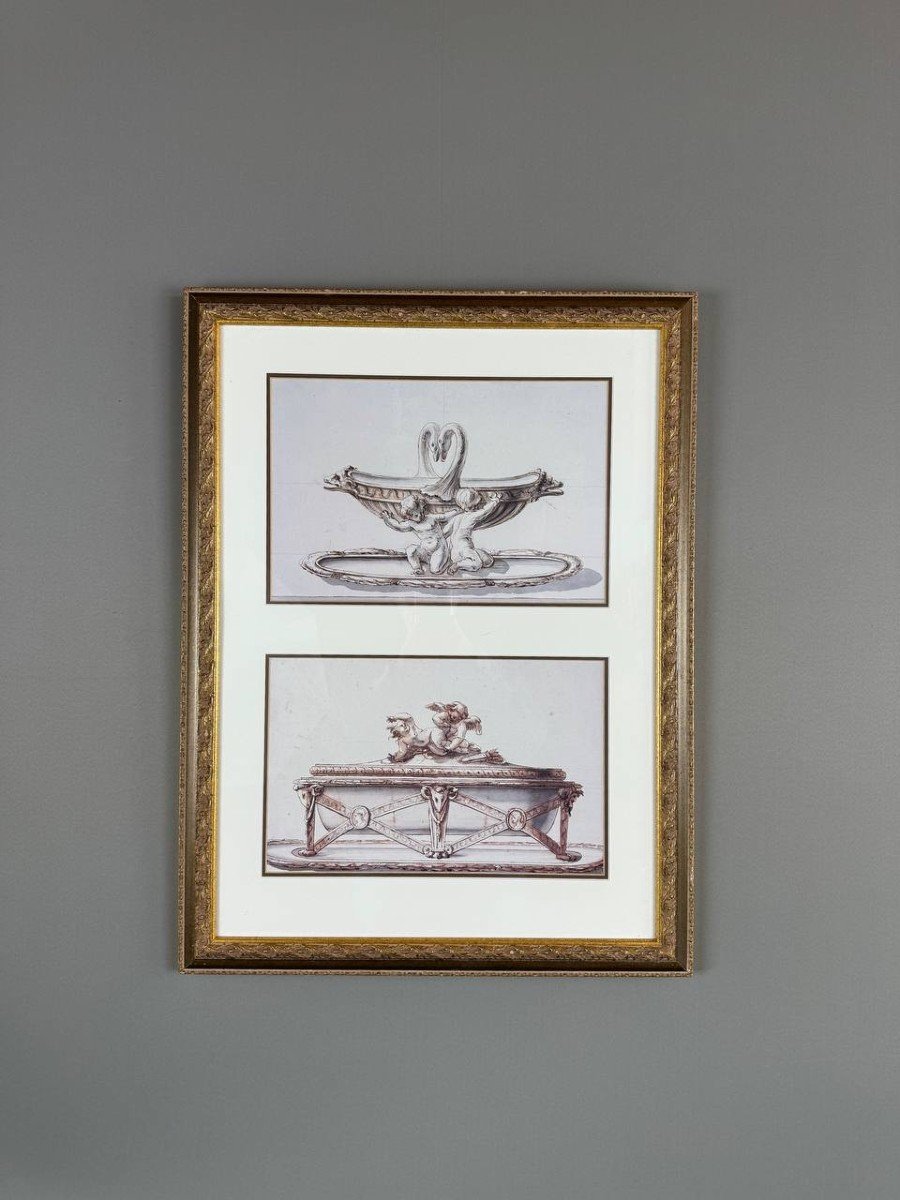 Framed Pencil And Watercolor Drawings, Decorative Art Inspiration, 19th Century -photo-3