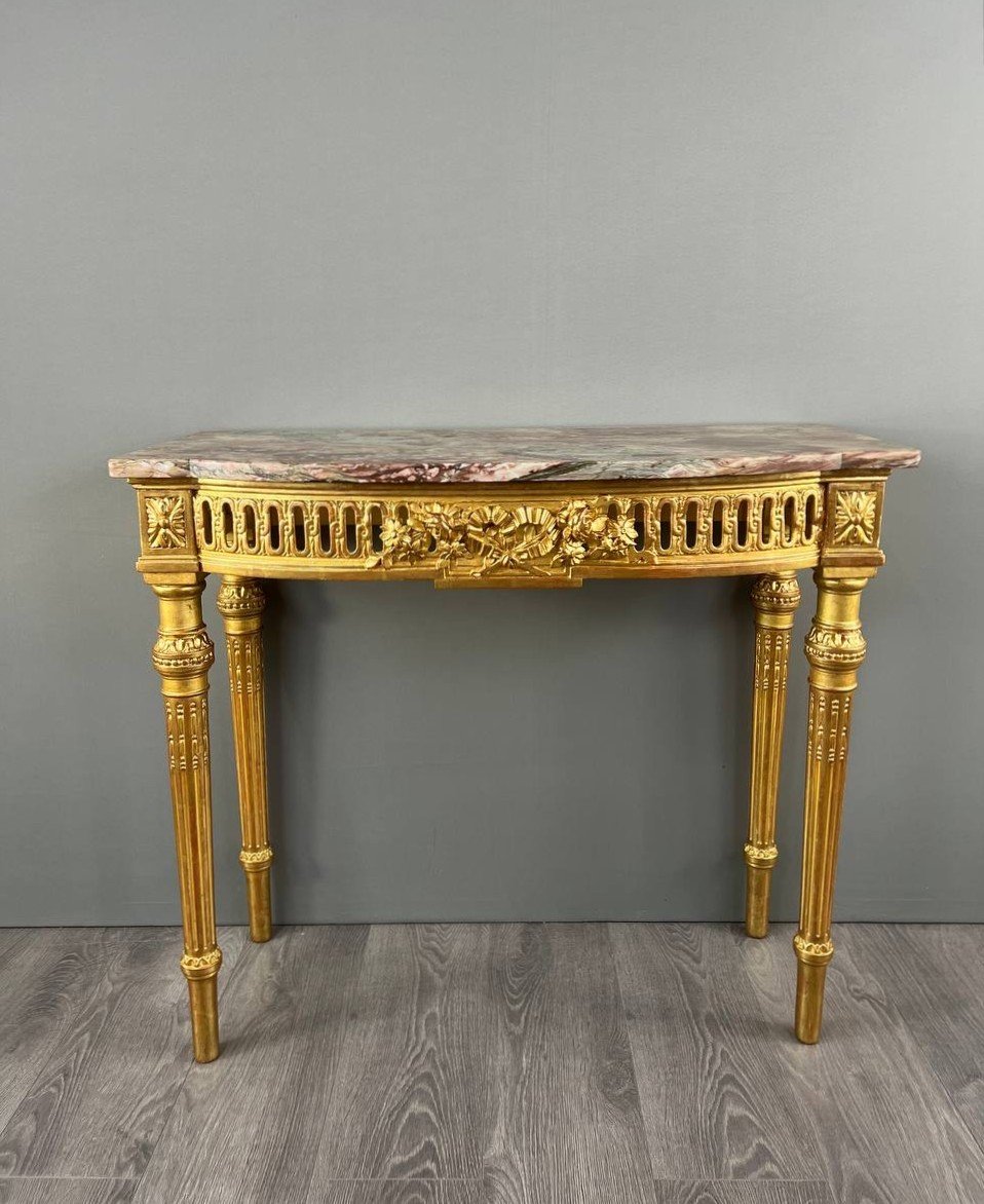 Louis XVI Console In Gilded Wood And Marble, 19th Century