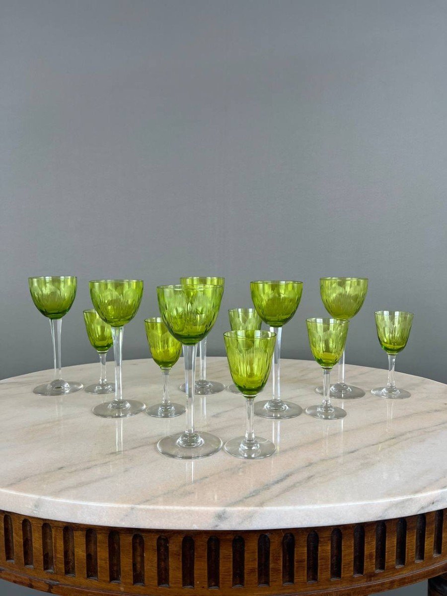 Antique Baccarat Green Crystal Glassware Set, 20th Century 