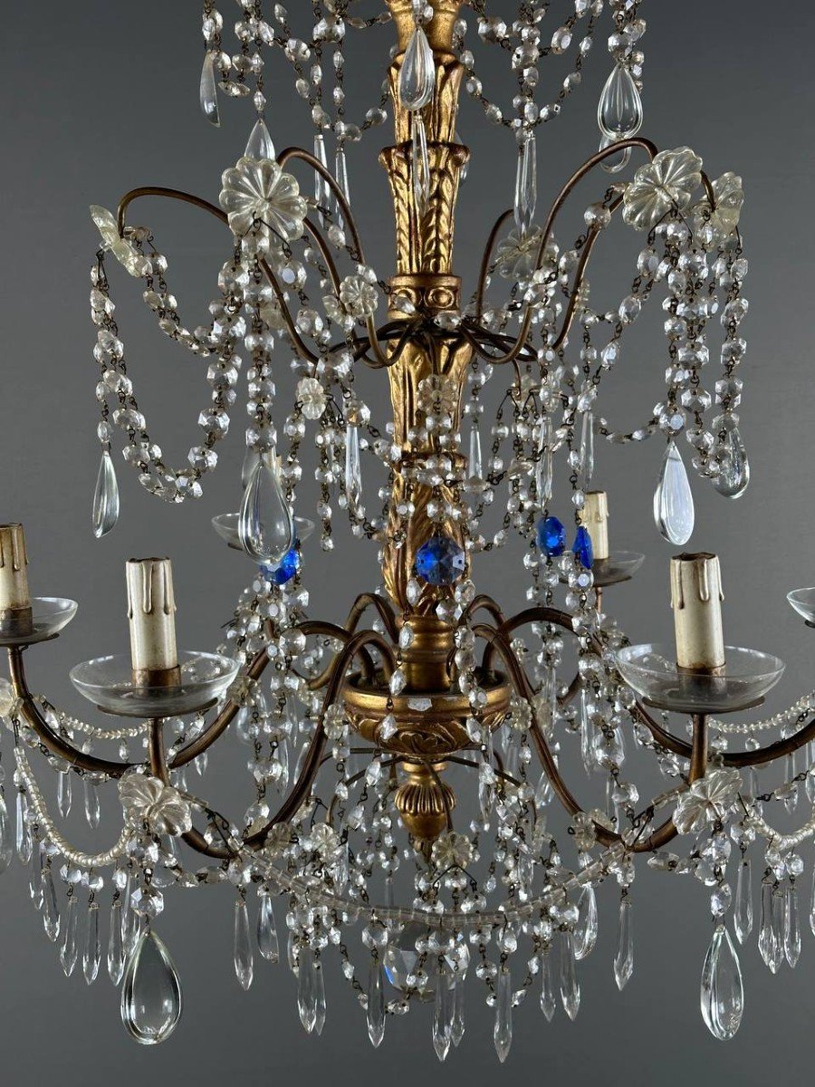 Lustre Italien En Cristal Et Bois Doré, Début XXe Siècle-photo-2