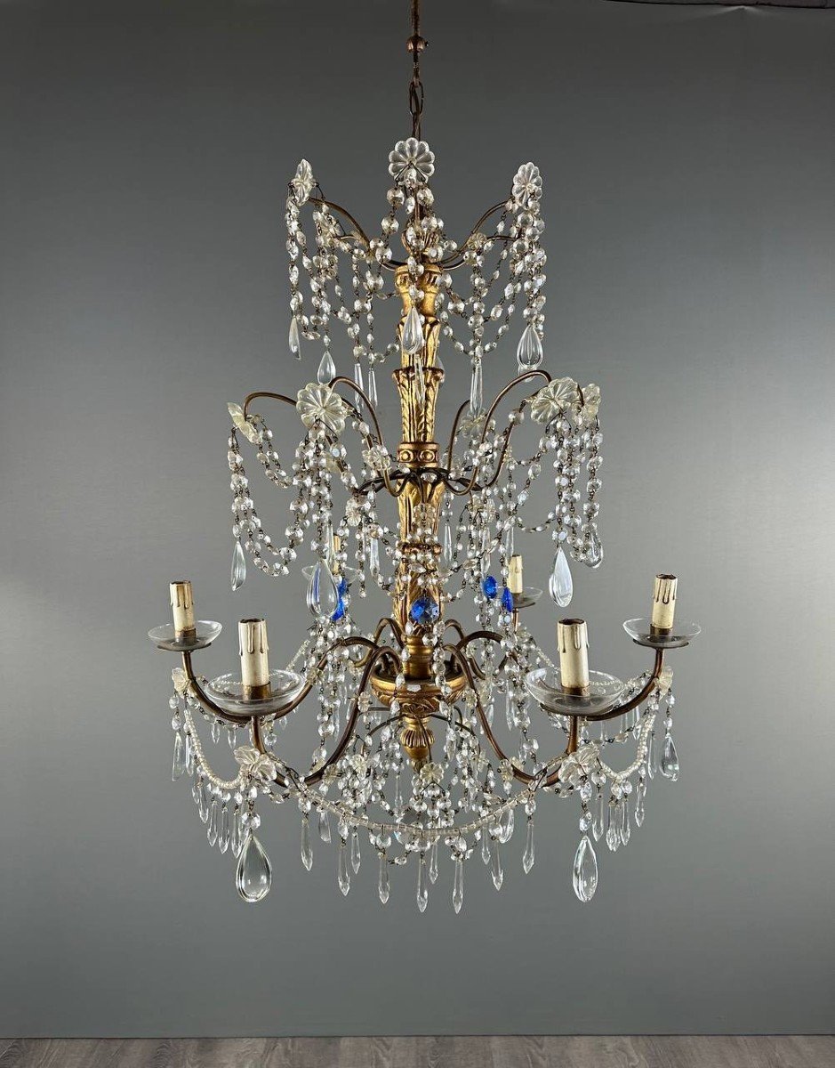 Italian Crystal And Gilded Wood Chandelier, Early 20th Century-photo-3