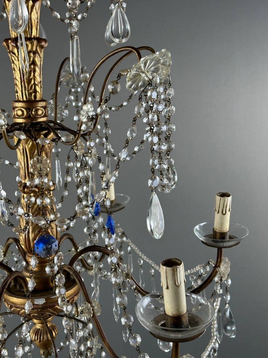 Lustre Italien En Cristal Et Bois Doré, Début XXe Siècle-photo-4