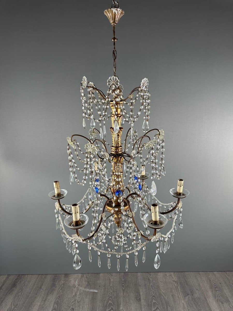 Lustre Italien En Cristal Et Bois Doré, Début XXe Siècle-photo-1