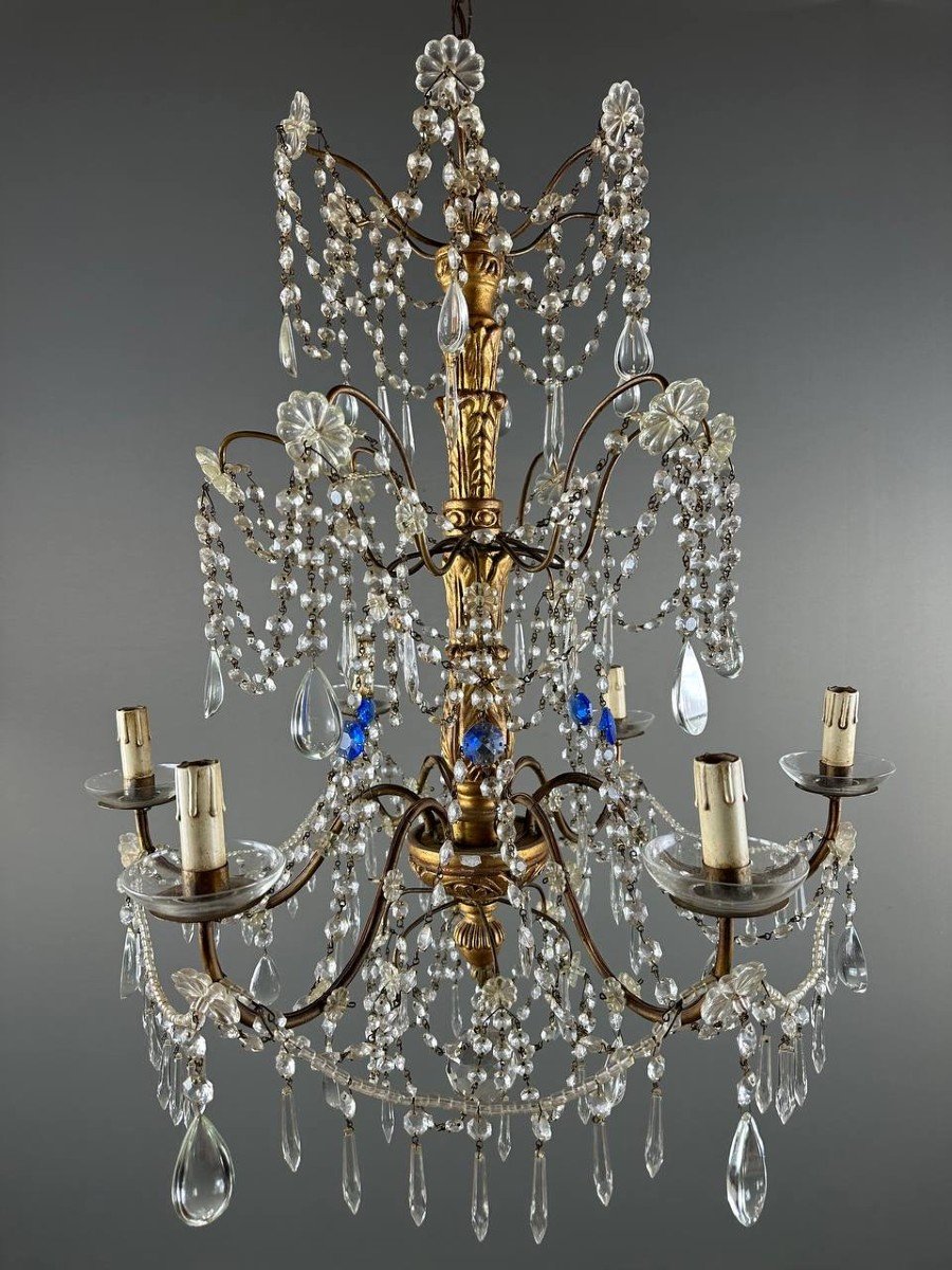 Lustre Italien En Cristal Et Bois Doré, Début XXe Siècle-photo-2