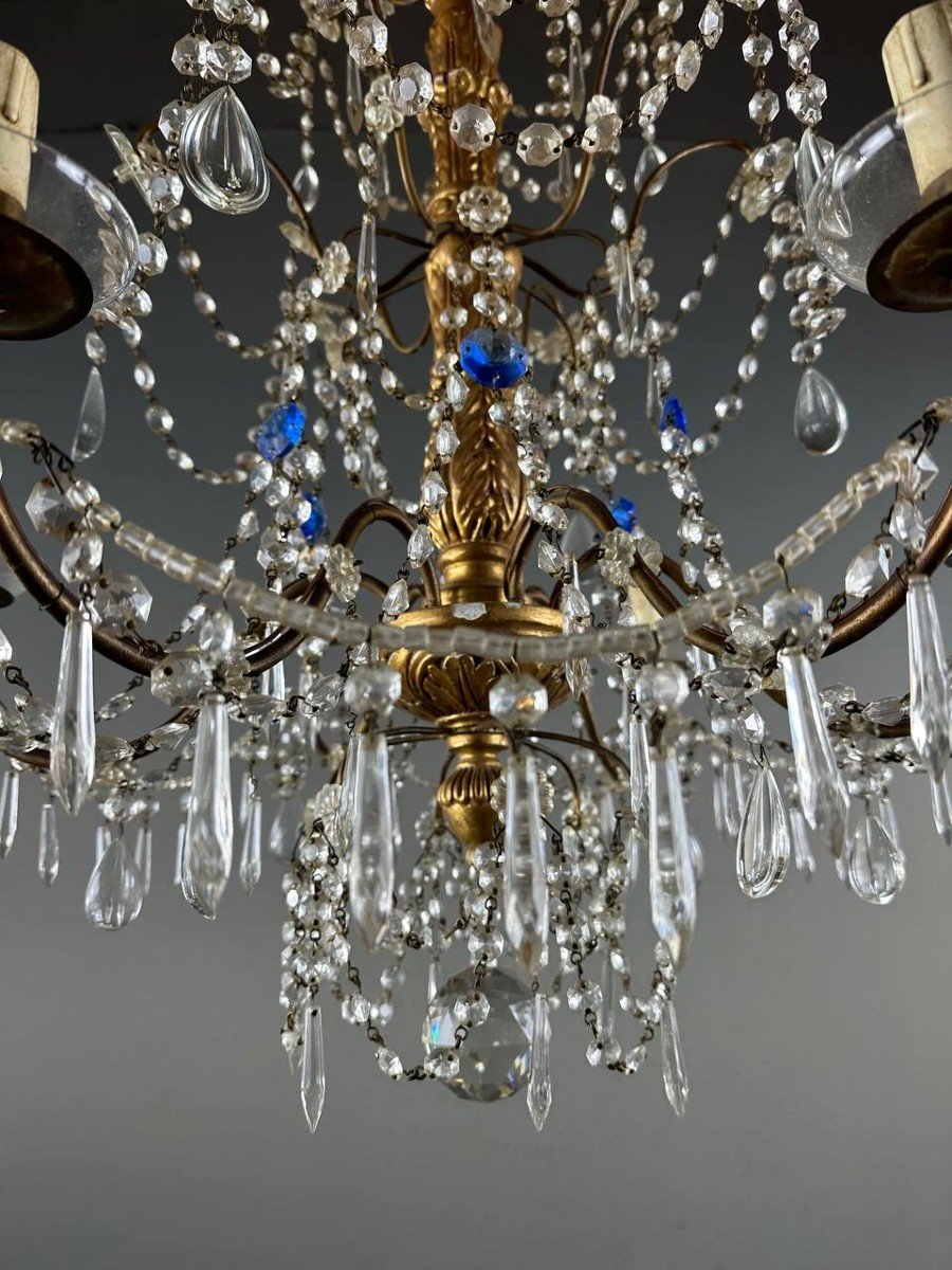 Lustre Italien En Cristal Et Bois Doré, Début XXe Siècle-photo-3