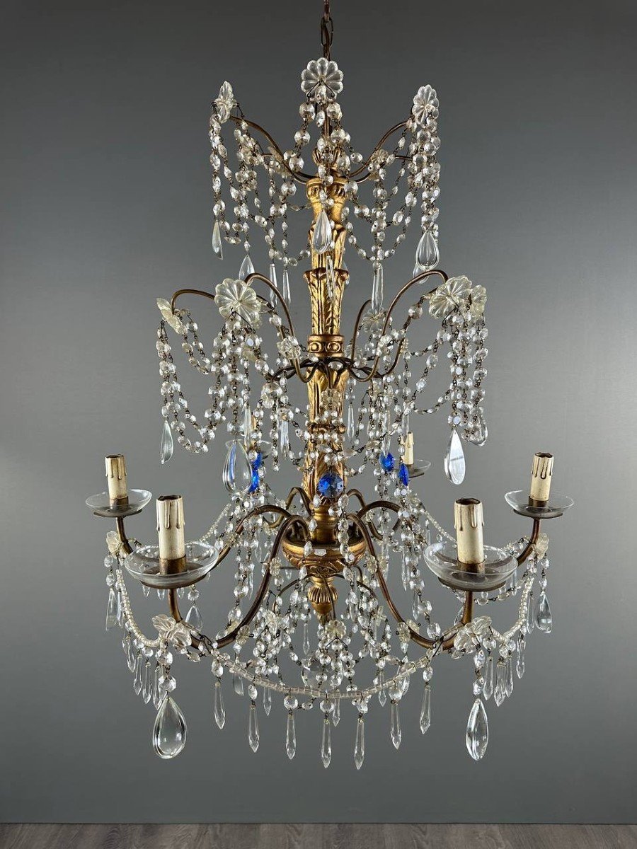 Italian Crystal And Gilded Wood Chandelier, Early 20th Century-photo-4