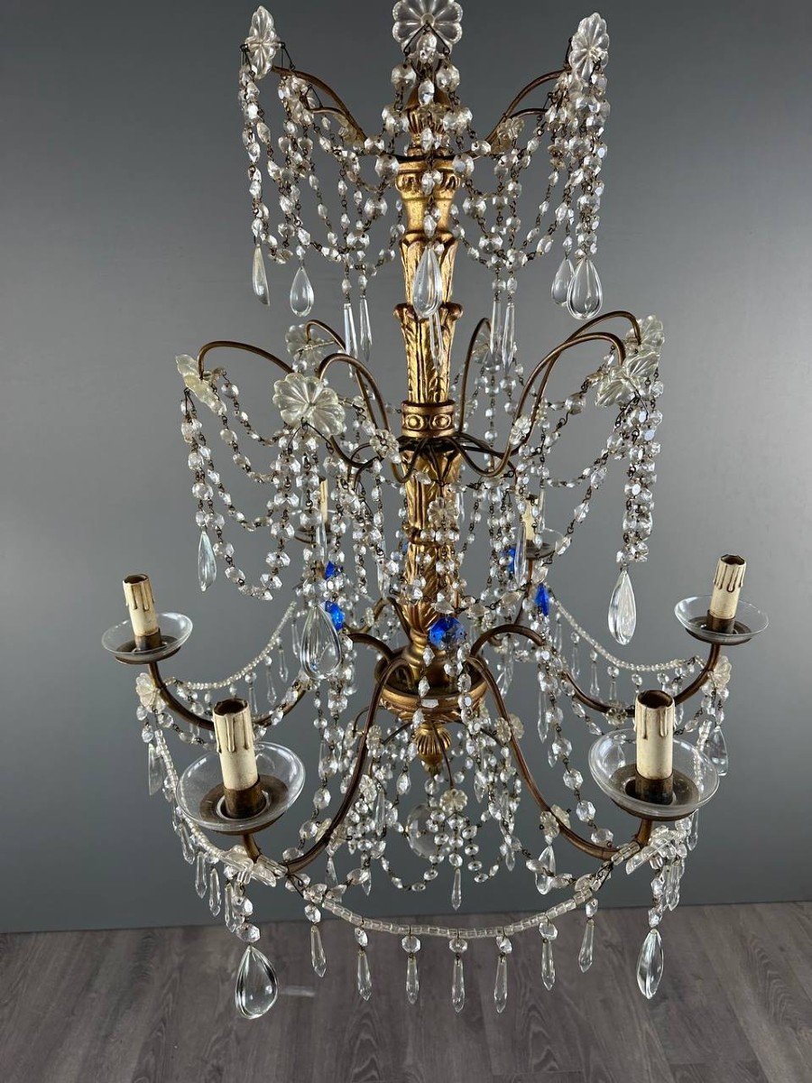 Lustre Italien En Cristal Et Bois Doré, Début XXe Siècle-photo-6