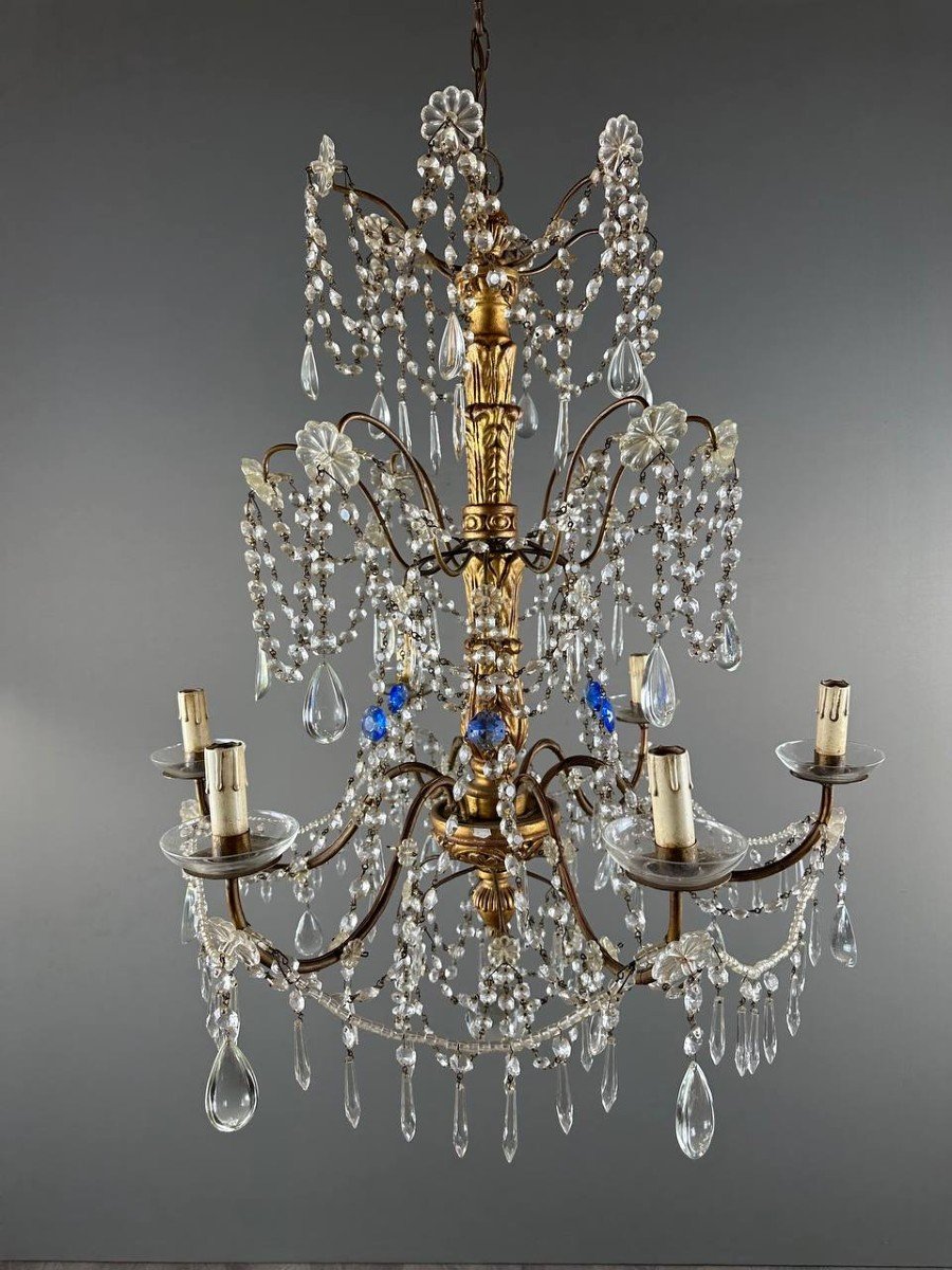 Lustre Italien En Cristal Et Bois Doré, Début XXe Siècle-photo-7