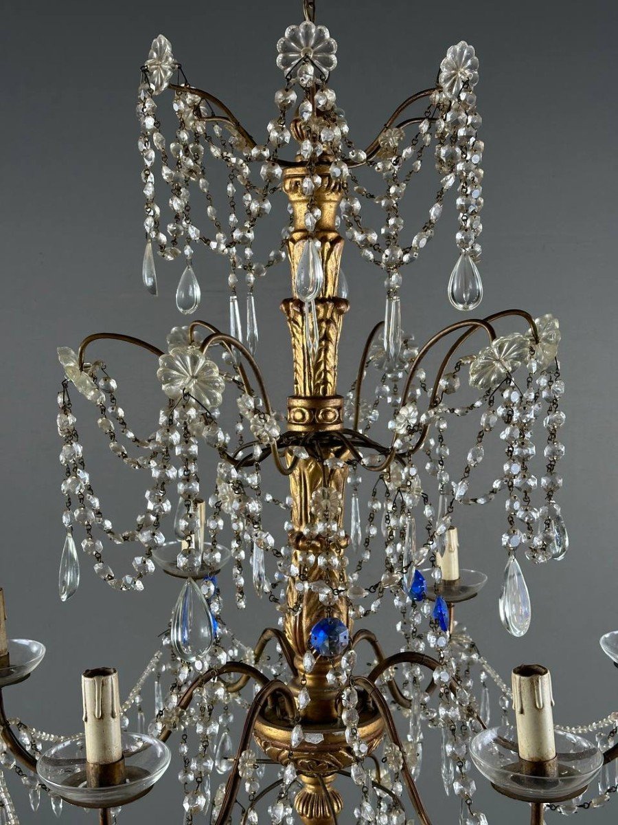 Lustre Italien En Cristal Et Bois Doré, Début XXe Siècle-photo-8