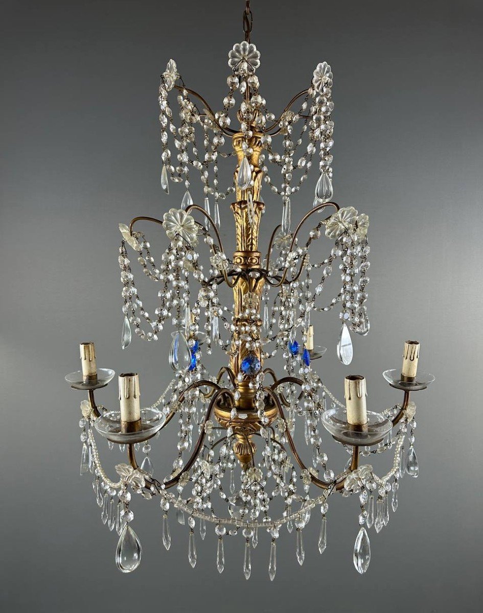 Lustre Italien En Cristal Et Bois Doré, Début XXe Siècle