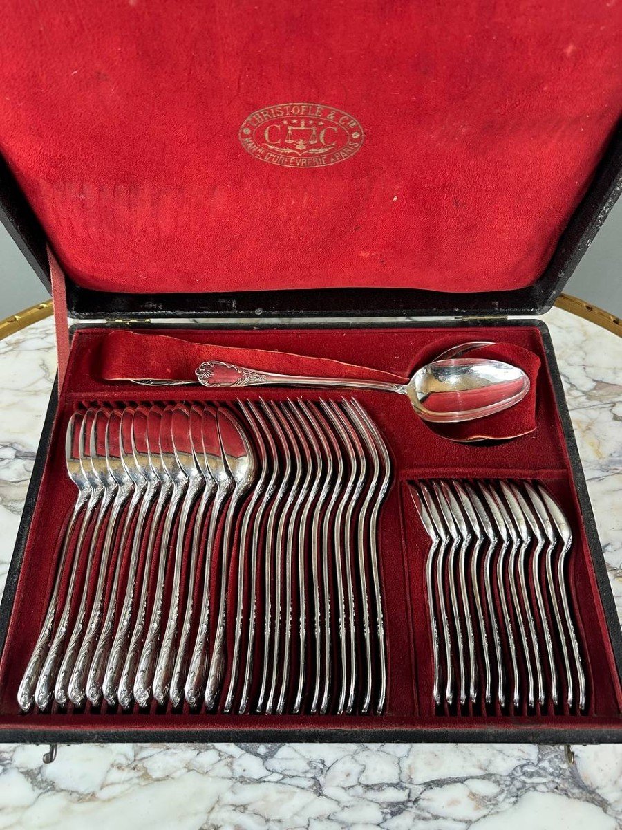 Christofle Marly Model 50-piece Silver-plated Metal Cutlery Set, 20th Century 