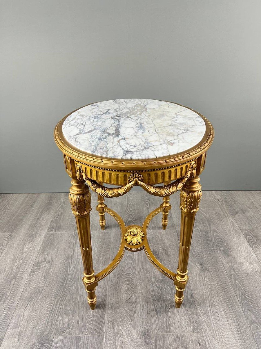 Louis XVI Gueridon Table In Gilded Wood And White Marble, 19th Century-photo-2