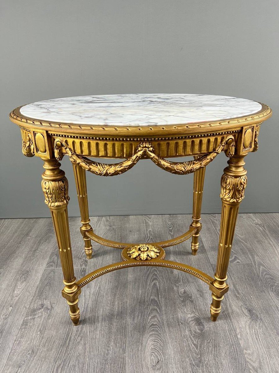 Louis XVI Gueridon Table In Gilded Wood And White Marble, 19th Century-photo-3